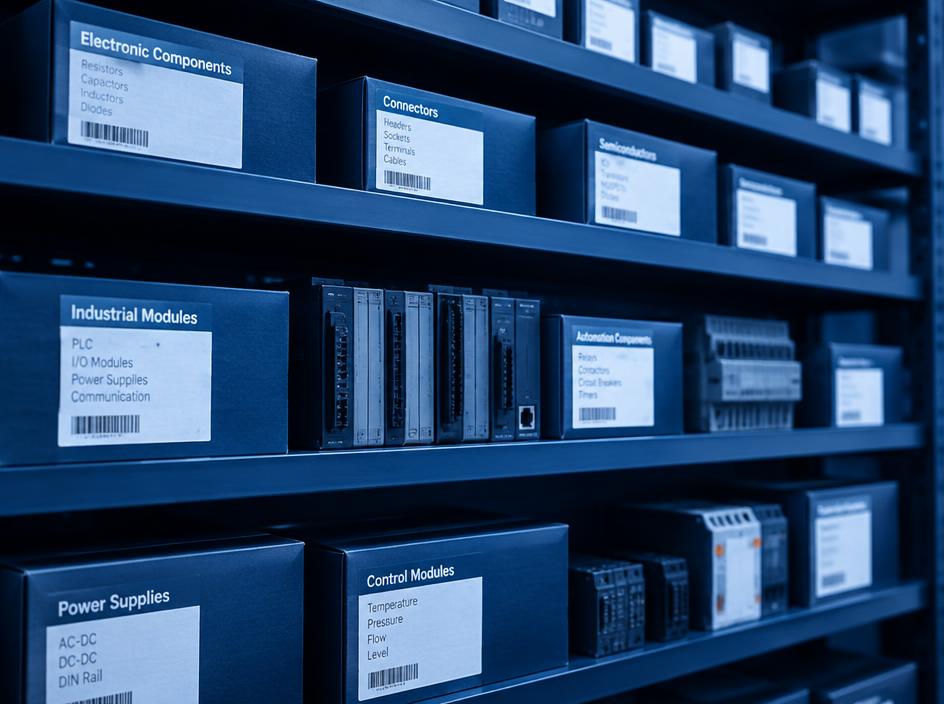 Industrial modules and electronic components on warehouse shelving